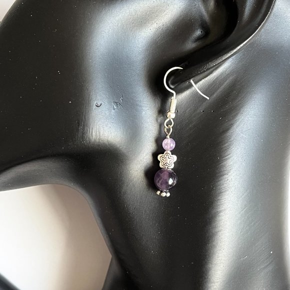 Lavender Purple Amethyst Bead Earrings Silver Plated Flower Dangle Semiprecious - Picture 3 of 7